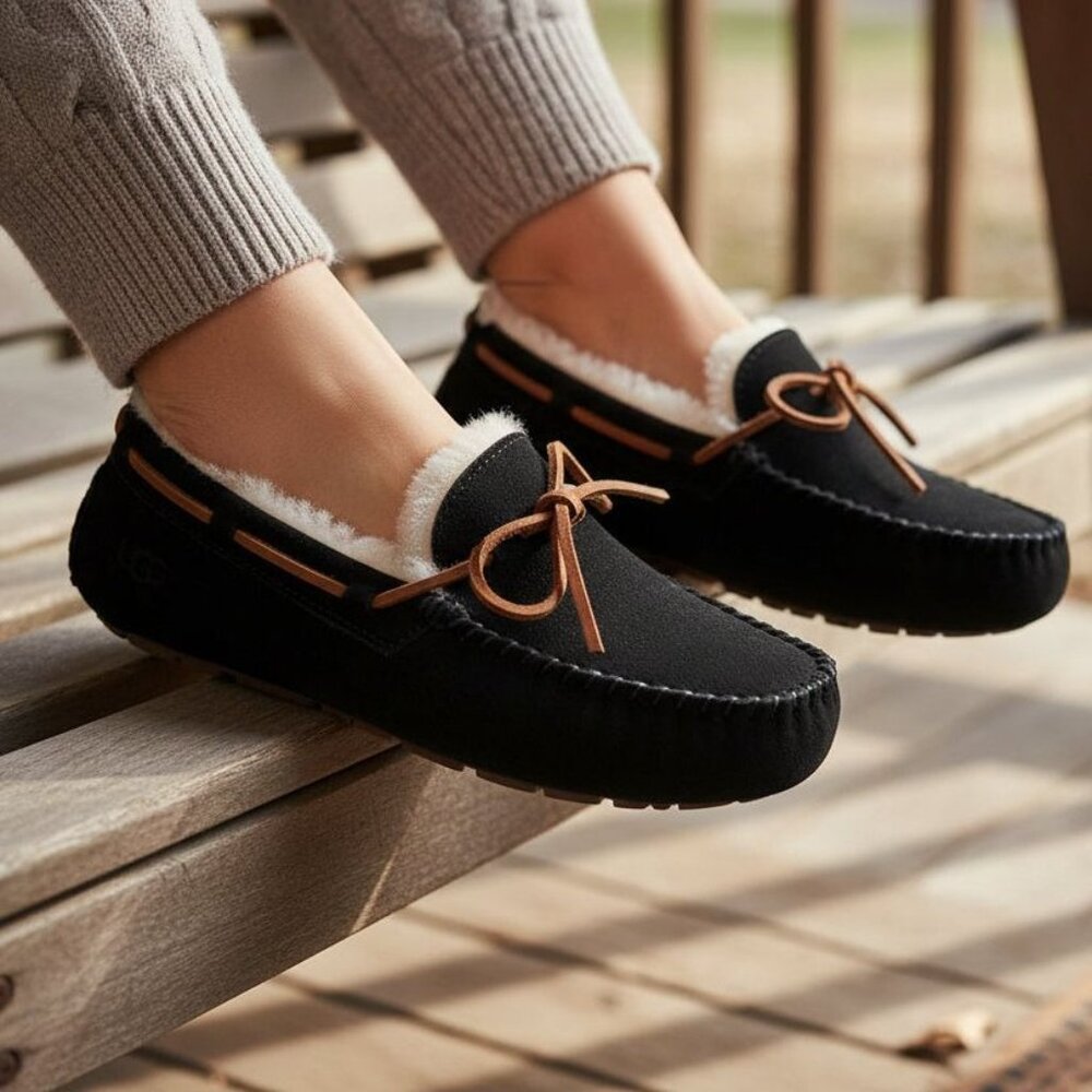 UGG Slippers 6 Women Dakota Moccasin Suede Fuzzy Fur Slip-on House Shoes Loafer